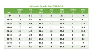 Wisconsin Suicide Rates, for more information visit https://www.cdc.gov/suicide/suicide-rates-by-state.html